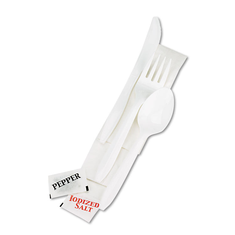 Boardwalk® Cutlery Kit, Plastic Fork/Spoon/Knife/Salt/Polypropylene/Napkin, White, 250/Carton (BWK6KITMW) Case of 250