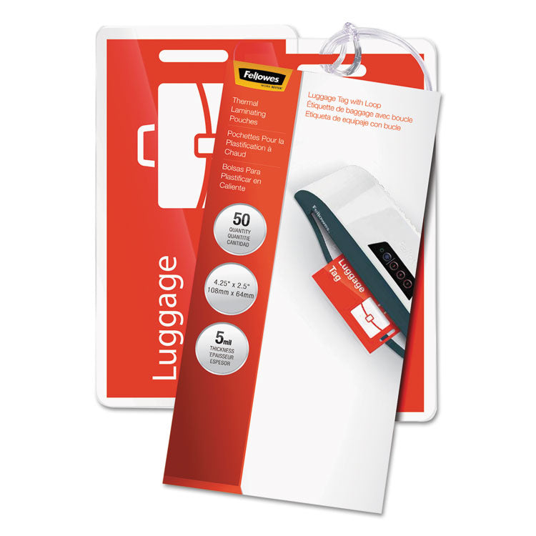 Fellowes® Laminating Pouches, 5 mil, 4.25" x 2.5", Gloss Clear, 25/Pack (FEL52003) Each
