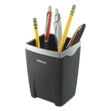 Fellowes® Office Suites Divided Pencil Cup, Plastic, 3.13 x 3.13 x 4.25, Black/Silver (FEL8032301)