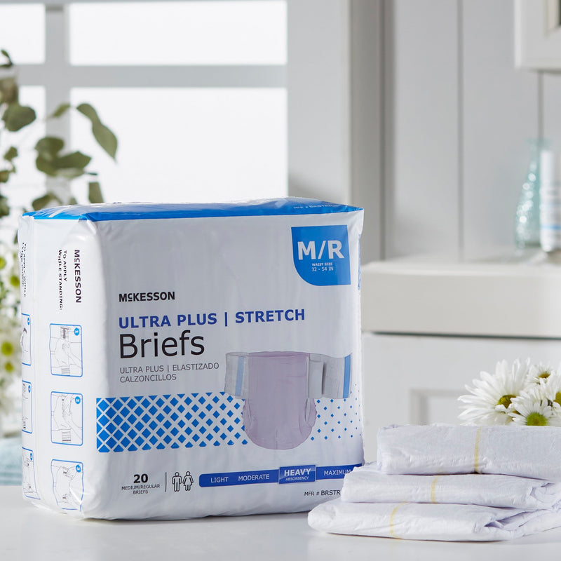 McKesson Ultra Plus Stretch Unisex Adult Incontinence Brief Medium Disposable Heavy Absorbency (884170_CS) 4/CS