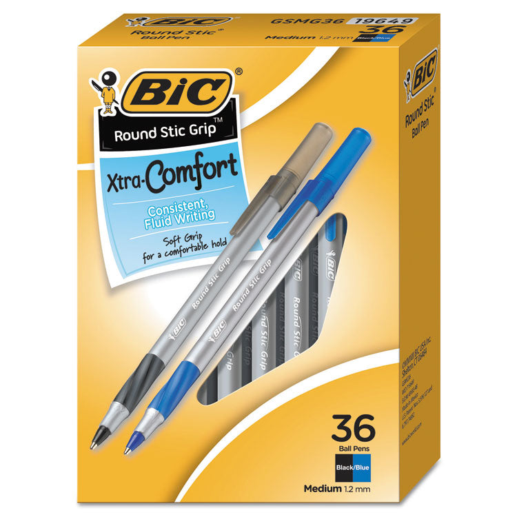 BIC® Round Stic Grip Xtra Comfort Ballpoint Pen Value Pack, Easy-Glide, Stick, Medium 1.2mm, Assorted Ink and Barrel Colors, 36/PK (BICGSMG361AST) Pack of 36