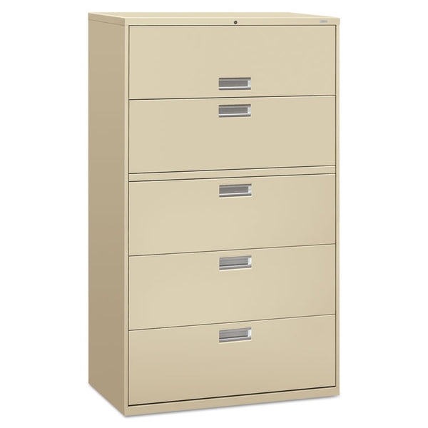 HON® Brigade 600 Series Lateral File, 4 Legal/Letter-Size File Drawers, 1 Roll-Out File Shelf, Putty, 42" x 18" x 64.25" (HON695LL)