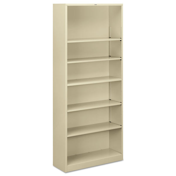 HON® Metal Bookcase, Six-Shelf, 34.5w x 12.63d x 81.13h, Putty (HONS82ABCL)