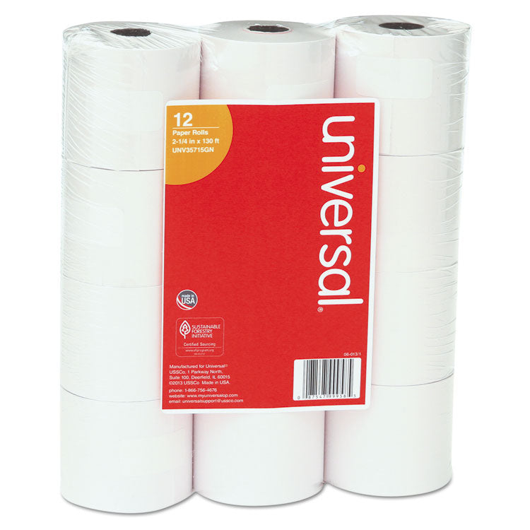 Universal® Impact and Inkjet Print Bond Paper Rolls, 0.5" Core, 2.25" x 130 ft, White, 12/Pack (UNV35715GN)