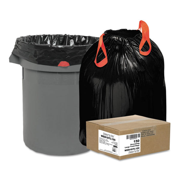 Draw 'n Tie® Heavy-Duty Trash Bags, 33 gal, 1.2 mil, 33.5" x 38", Black, 25 Bags/Roll, 6 Rolls/Box (WBI1DTL150)