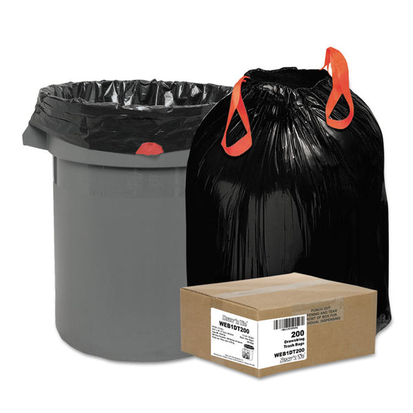 Draw 'n Tie® Heavy-Duty Trash Bags, 30 gal, 1.2 mil, 30.5" x 33", Black, 25 Bags/Roll, 8 Rolls/Box (WBI1DT200)