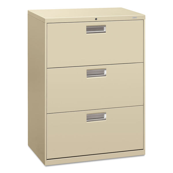 HON® Brigade 600 Series Lateral File, 3 Legal/Letter-Size File Drawers, Putty, 30" x 18" x 39.13" (HON673LL)