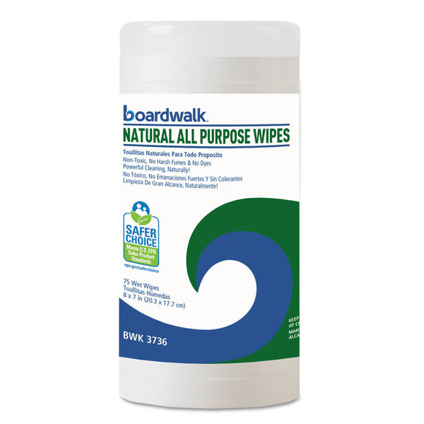 Natural All Purpose Wipes, 7 x 8, Unscented, White, 75 Wipes/Canister, 6 Canisters/Carton (BWK4736) Case of 6