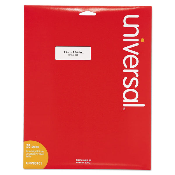 Universal® White Labels, Inkjet/Laser Printers, 1 x 2.63, White, 30/Sheet, 25 Sheets/Pack (UNV80101)