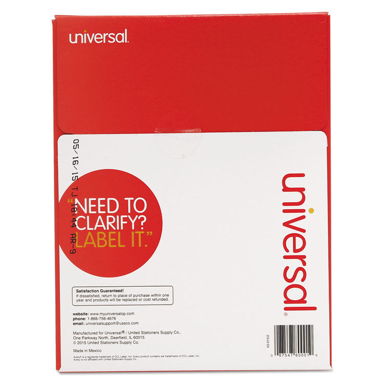 Universal® White Labels, Inkjet/Laser Printers, 0.5 x 1.75, White, 80/Sheet, 100 Sheets/Box (UNV80001) Box of 8000