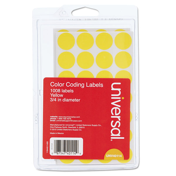 Universal® Self-Adhesive Removable Color-Coding Labels, 0.75" dia, Yellow, 28/Sheet, 36 Sheets/Pack (UNV40114)