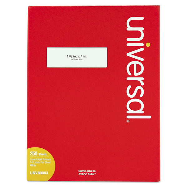 Universal® White Labels, Inkjet/Laser Printers, 1.33 x 4, White, 14/Sheet, 250 Sheets/Box (UNV80003)