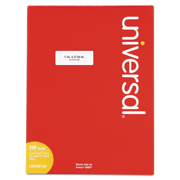 Universal® White Labels, Inkjet/Laser Printers, 1 x 2.63, White, 30/Sheet, 250 Sheets/Pack (UNV80120) Pack of 7500