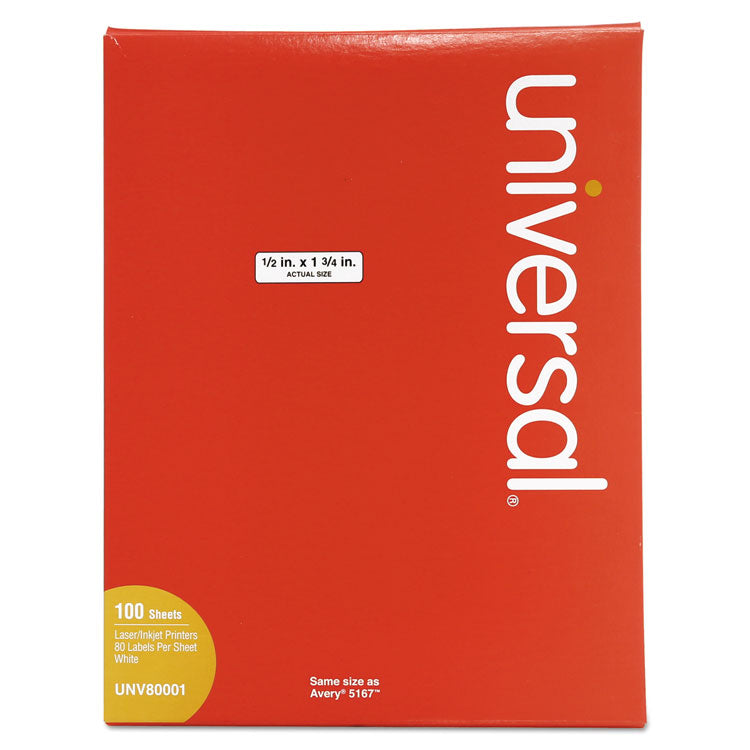 Universal® White Labels, Inkjet/Laser Printers, 0.5 x 1.75, White, 80/Sheet, 100 Sheets/Box (UNV80001) Box of 8000