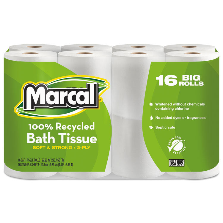 Marcal® 100% Recycled 2-Ply Bath Tissue, Septic Safe, White, 168 Sheets/Roll, 16 Rolls/Pack (MRC1646616PK) Case of 16