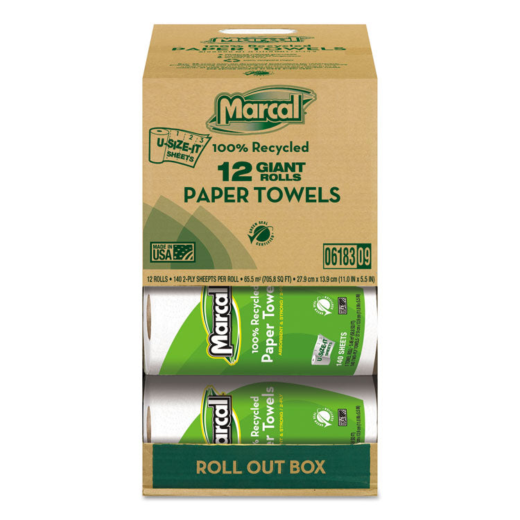 Marcal® 100% Premium Recycled Kitchen Roll Towels, Roll Out Box, 2-Ply, 11 x 5.5, White, 140 Sheets, 12 Rolls/Carton (MRC6183) Case of 12