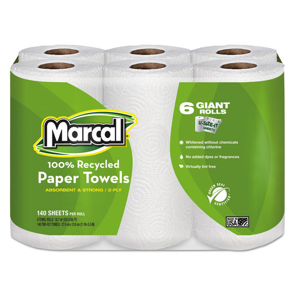 Marcal® 100% Premium Recycled Kitchen Roll Towels, 2-Ply, 11 x 5.5, White, 140/Roll, 24 Rolls/Carton (MRC6181CT)