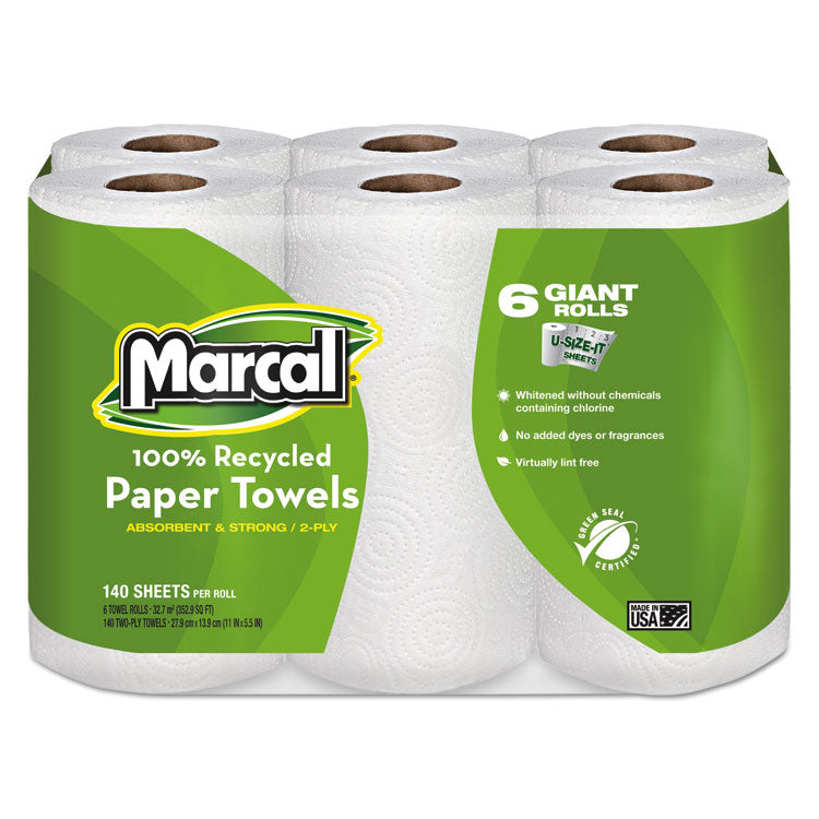 Marcal® 100% Premium Recycled Kitchen Roll Towels, 2-Ply, 11 x 5.5, White, 140/Roll, 6 Rolls/Pack (MRC6181PK)