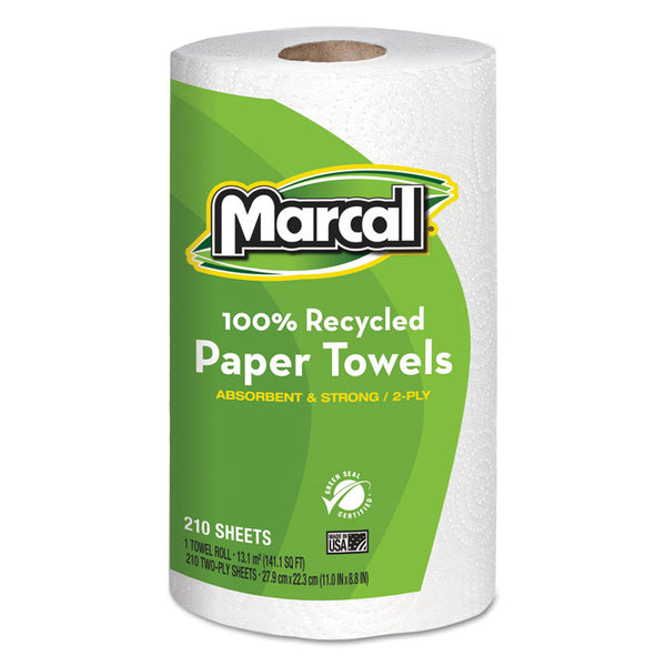 Marcal® 100% Premium Recycled Kitchen Roll Towels, 2-Ply, 11 x 8.8, White, 210 Sheets, 12 Rolls/Carton (MRC6210) Case of 12