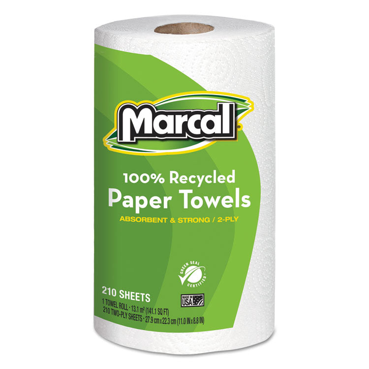 Marcal® 100% Premium Recycled Kitchen Roll Towels, 2-Ply, 11 x 8.8, White, 210 Sheets, 12 Rolls/Carton (MRC6210) Case of 12