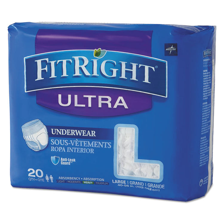 Medline FitRight Ultra Protective Underwear, Large, 40" to 56" Waist, 20/Pack (MIIFIT23505A)