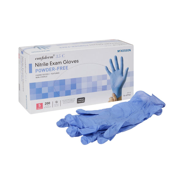 McKesson Confiderm® 3.5C Exam Glove Small NonSterile Nitrile Standard Cuff Length Textured Fingertips Blue Chemo Tested (765874_BX) 200/BX