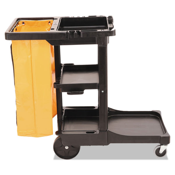 Rubbermaid® Commercial Multi-Shelf Cleaning Cart, Plastic, 4 Shelves, 1 Bin, 20" x 45" x 38.25", Black (RCP617388BK)