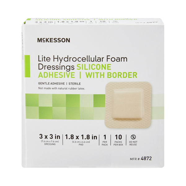 McKesson Lite Thin Foam Dressing 3 X 3 Inch With Border Film Backing Silicone Gel Adhesive Square Sterile (1083089_BX) 10/BX