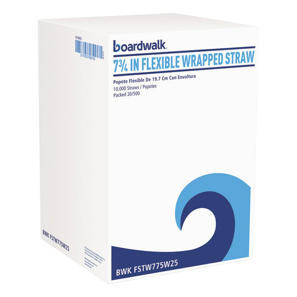 Boardwalk® Flexible Wrapped Straws, 7.75", Plastic, White, 500/Pack, 20 Packs/Carton (BWKFSTW775W25)
