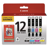 Canon® 6513B010 (CLI-251) Ink/Paper Combo, Black/Cyan/Magenta/Yellow (CNM6513B010) Pack of 12