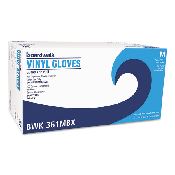 Boardwalk® Exam Vinyl Gloves, Clear, Medium, 3 3/5 mil, 100/Box, 10 Boxes/Carton (BWK361MCT) Case of 1000