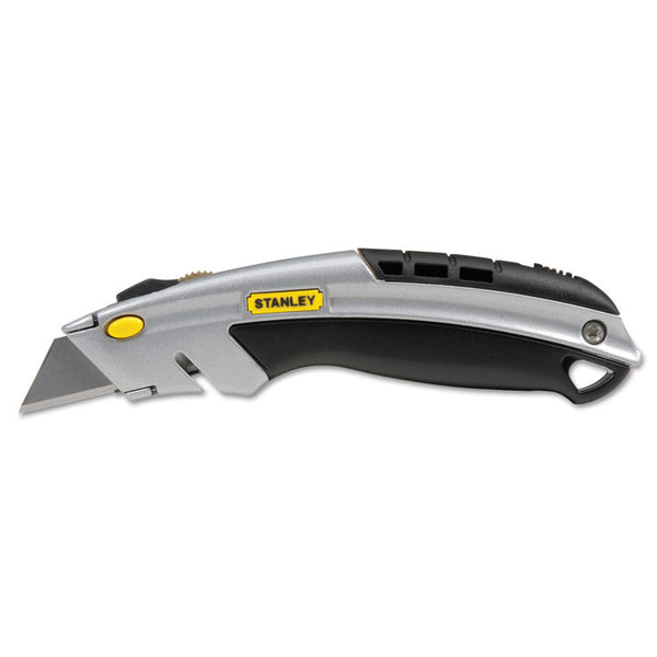 Stanley® Curved Quick-Change Utility Knife, Stainless Steel Retractable Blade, 3 Blades, 6.5" Metal Handle, Black/Chrome (BOS10788) Each