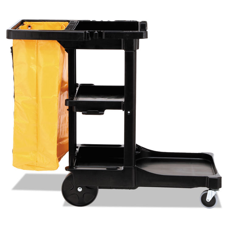 Rubbermaid® Commercial Multi-Shelf Cleaning Cart, Plastic, 4 Shelves, 1 Bin, 20" x 45" x 38.25", Black (RCP617388BK)