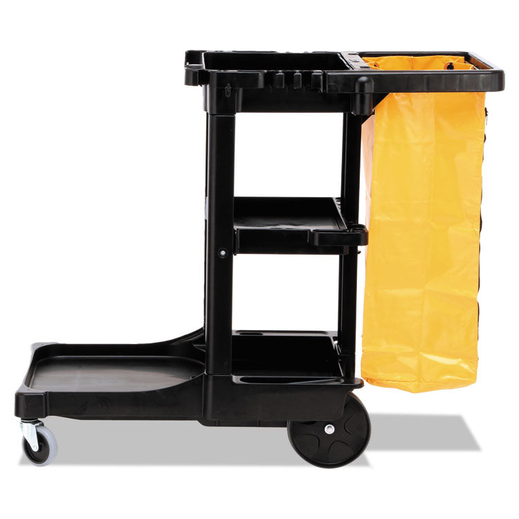 Rubbermaid® Commercial Multi-Shelf Cleaning Cart, Plastic, 4 Shelves, 1 Bin, 20" x 45" x 38.25", Black (RCP617388BK)