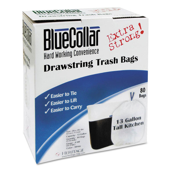 BlueCollar Drawstring Trash Bags, 13 gal, 0.8 mil, 24" x 28", White, 80 Bags/Box, 6 Boxes/Carton (HERN4828EWRC1CT) Case of 480
