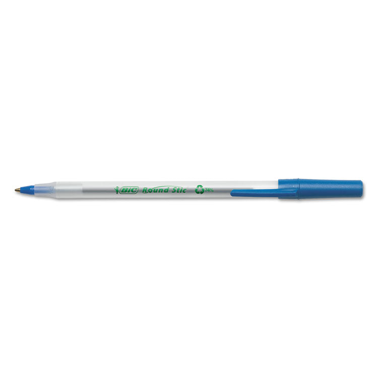 BIC® Ecolutions Round Stic Ballpoint Pen Value Pack, Stick, Medium 1 mm, Blue Ink, Clear Barrel, 50/Pack (BICGSME509BE) Pack of 50