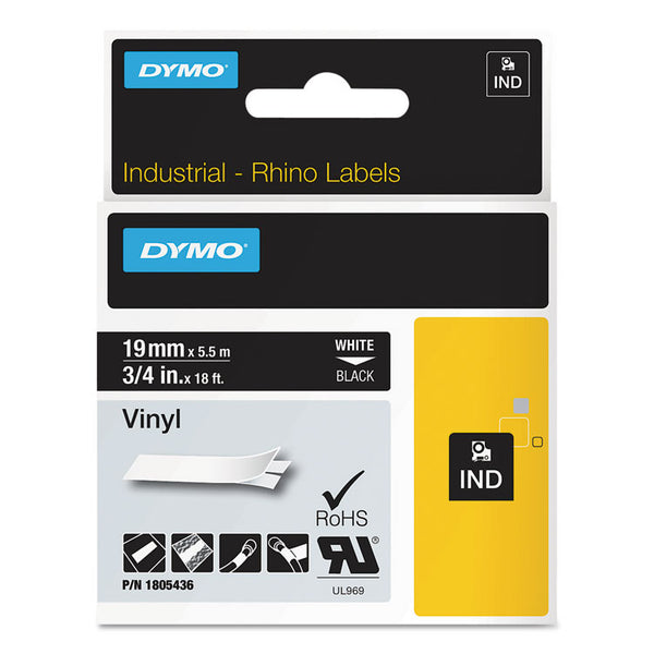 DYMO® Rhino Permanent Vinyl Industrial Label Tape, 0.75" x 18 ft, Black/White Print (DYM1805436)