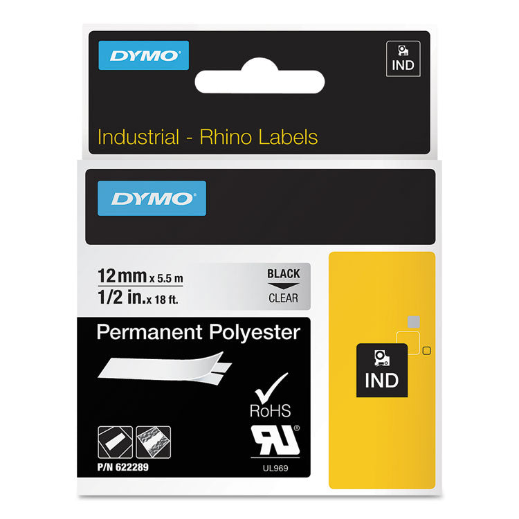 DYMO® Rhino Permanent Vinyl Industrial Label Tape, 0.5" x 18 ft, Clear/Black Print (DYM622289)