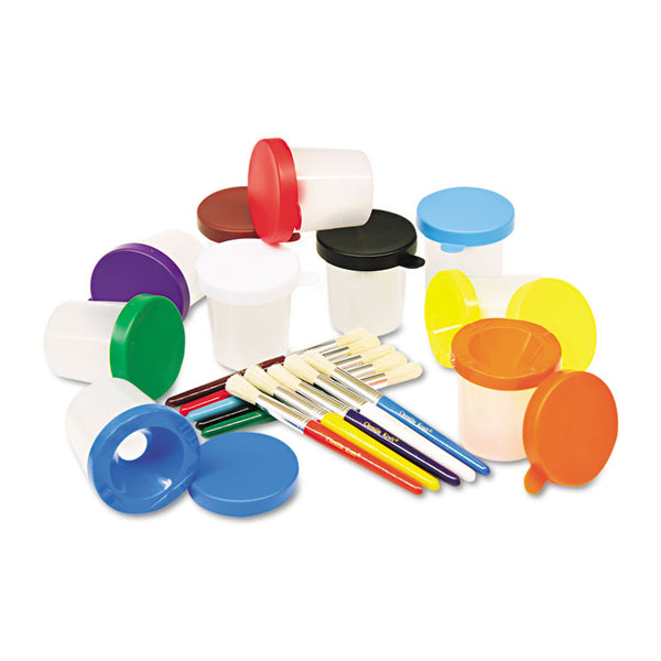 Creativity Street® No-Spill Cups and Coordinating Brushes, Assorted Color Lids/Clear Cups, 10/Set (CKC5104) Set of 10