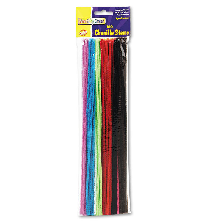 Creativity Street® Regular Stems, 12" x 4 mm, Metal Wire, Polyester, Assorted, 100/Pack (CKC711201) Pack of 100