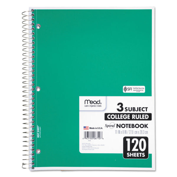 Mead® Spiral Notebook, 3-Subject, Medium/College Rule, Randomly Assorted Cover Color, (120) 11 x 8 Sheets (MEA06710)