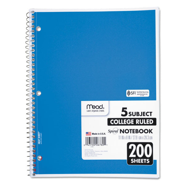 Mead® Spiral Notebook, 5-Subject, Medium/College Rule, Randomly Assorted Cover Color, (200) 11 x 8 Sheets (MEA06780)
