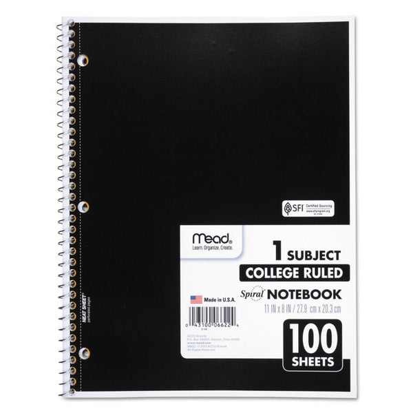 Mead® Spiral Notebook, 3-Hole Punched, 1-Subject, Medium/College Rule, Randomly Assorted Cover Color, (100) 11 x 8 Sheets (MEA06622)