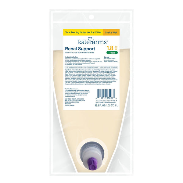 Kate Farms Renal Support 1.8 Tube Feeding Formula Plain Flavor Liquid 1000 mL Ready to Hang Prefilled Container (1254028_CS) 6/CS
