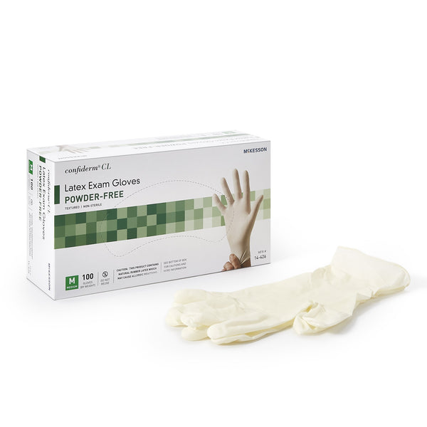 McKesson Confiderm® Exam Glove Medium NonSterile Latex Standard Cuff Length Textured Fingertips Ivory Not Rated (921593_BX) 100/BX