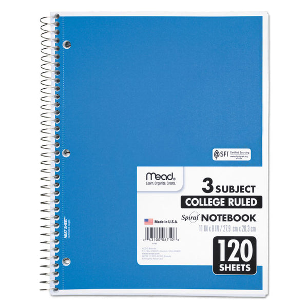 Mead® Spiral Notebook, 3-Subject, Medium/College Rule, Randomly Assorted Cover Color, (120) 11 x 8 Sheets (MEA06710)
