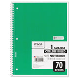 Mead® Spiral Notebook, 3-Hole Punched, 1-Subject, Medium/College Rule, Randomly Assorted Cover Color, (70) 10.5 x 7.5 Sheets (MEA05512) Each