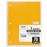 Mead® Spiral Notebook, 3-Hole Punched, 1-Subject, Medium/College Rule, Randomly Assorted Cover Color, (70) 10.5 x 7.5 Sheets (MEA05512) Each