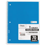 Mead® Spiral Notebook, 3-Hole Punched, 1-Subject, Medium/College Rule, Randomly Assorted Cover Color, (70) 10.5 x 7.5 Sheets (MEA05512) Each