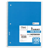 Mead® Spiral Notebook, 3-Hole Punched, 1-Subject, Wide/Legal Rule, Randomly Assorted Cover Color, (100) 10.5 x 7.5 Sheets (MEA05514) Each